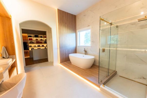 Bathroom, Free Standing Baths, Glass Shower, Interior, Marble Walls, Recessed Lighting