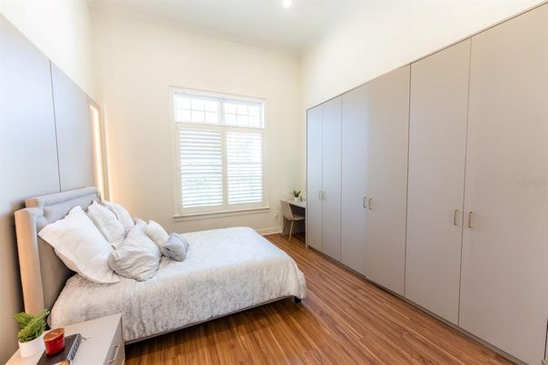 Bedroom, Interior, Recessed Lighting, Wood Texture Flooring