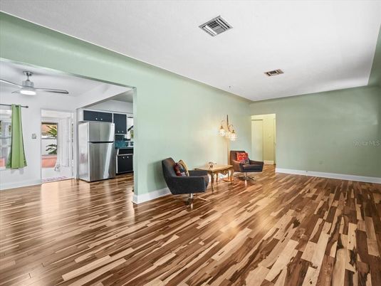 Interior, Kitchen, Living room, Stainless Steel Appliances, Wood Texture Flooring