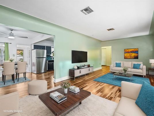 Dining room, Interior, Kitchen, Living room, Stainless Steel Appliances, Wood Texture Flooring