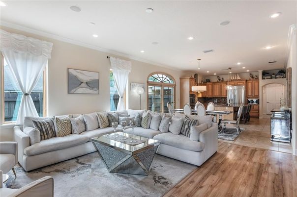 Dining room, Interior, Kitchen, Living room, Pendant Lights, Recessed Lighting, Stainless Steel Appliances, Wood Texture Flooring