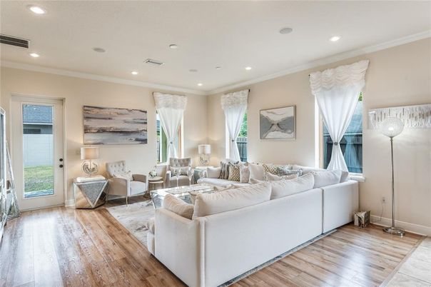 Interior, Living room, Recessed Lighting, Wood Texture Flooring