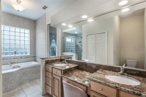 Bathroom, Dual Sink Vanities, Glass Shower, Interior, Recessed Lighting