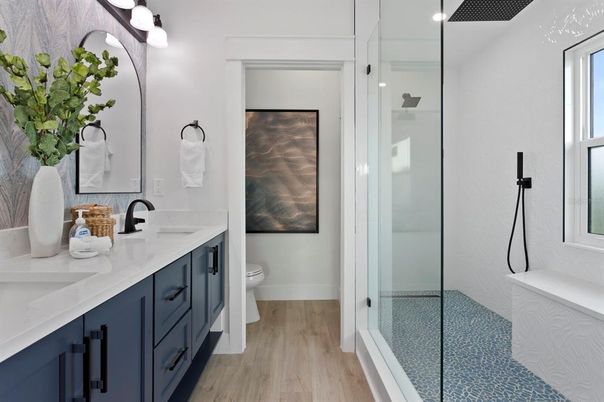 Bathroom, Dual Sink Vanities, Glass Shower, Interior, Wood Texture Flooring