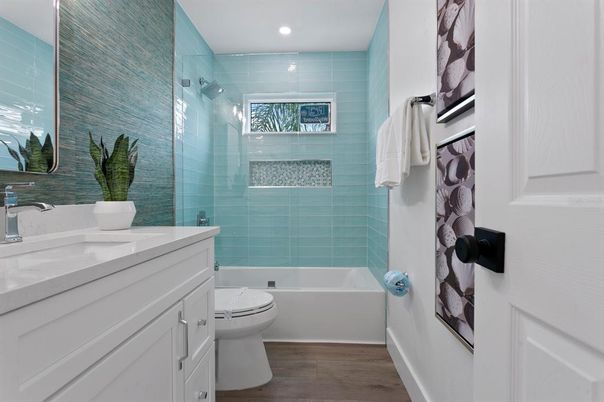 Bathroom, Glass Shower, Interior, Recessed Lighting, Wood Texture Flooring