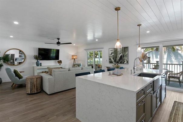 Interior, Kitchen, Living room, Pendant Lights, Recessed Lighting, Wood Texture Flooring
