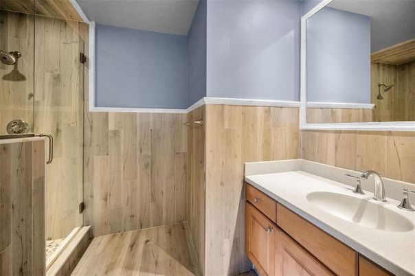 Bathroom, Glass Shower, Interior, Wood Texture Flooring