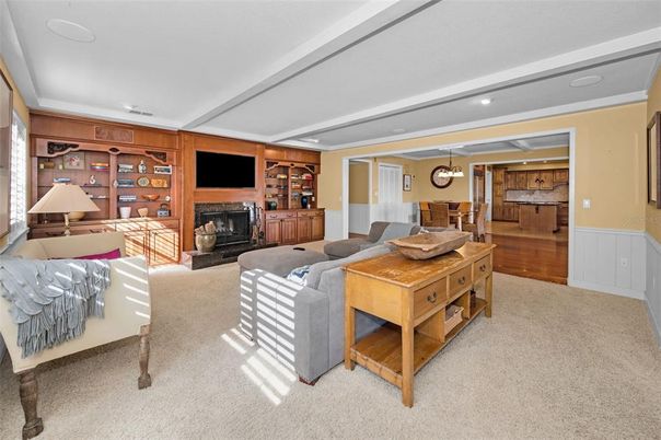 Dining room, Fireplace, Interior, Living room, Recessed Lighting, Wood Texture Flooring