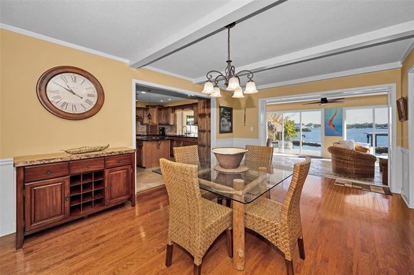 Chandelier, Dining room, Interior, Kitchen, Recessed Lighting, Water, Wood Texture Flooring