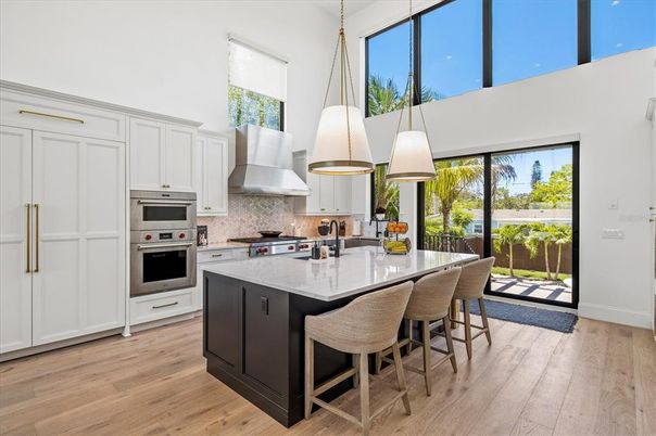 Interior, Kitchen, Pendant Lights, Stainless Steel Appliances, Wood Texture Flooring