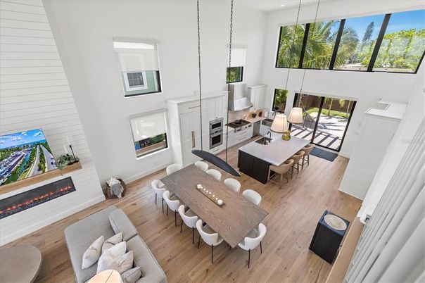 Dining room, Fireplace, Interior, Living room, Pendant Lights, Wood Texture Flooring