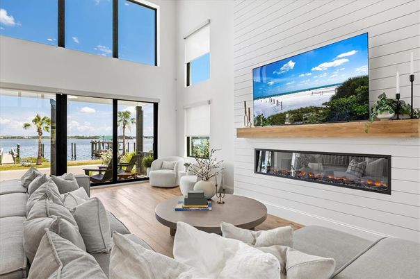 Fireplace, Interior, Living room, Water, Wood Texture Flooring