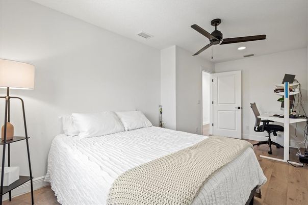 Bedroom, Home Office, Interior, Recessed Lighting, Wood Texture Flooring