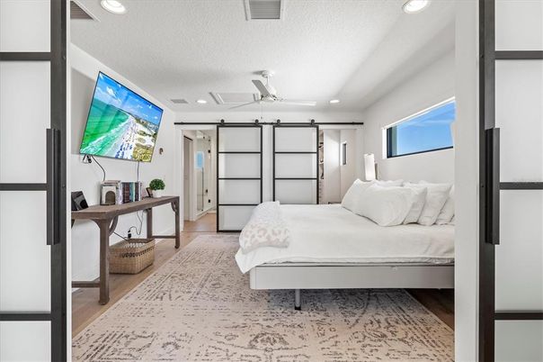 Bedroom, Interior, Recessed Lighting, Wood Texture Flooring