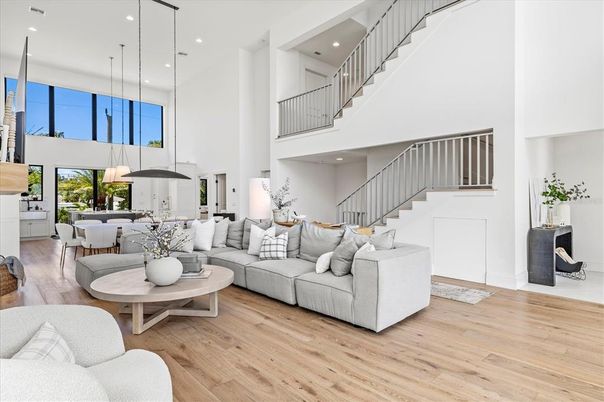 Dining room, Interior, Living room, Pendant Lights, Recessed Lighting, Wood Texture Flooring