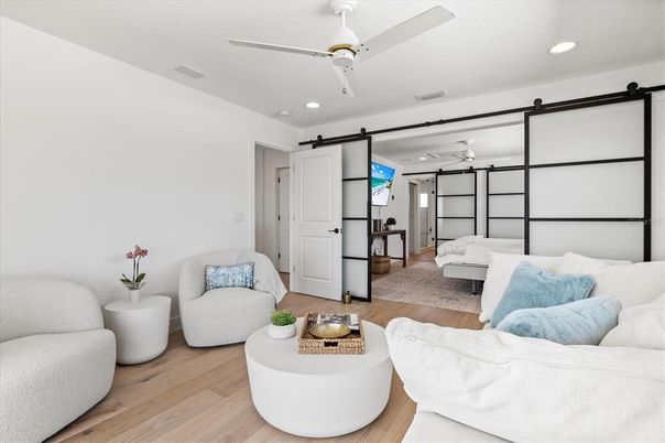 Bedroom, Interior, Living room, Recessed Lighting, Wood Texture Flooring