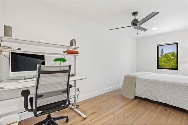 Bedroom, Home Office, Interior, Recessed Lighting, Wood Texture Flooring
