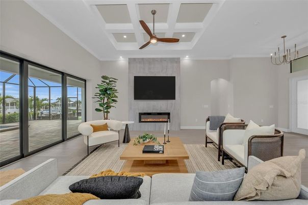 Fireplace, Interior, Living room, Pendant Lights, Recessed Lighting, Wood Texture Flooring