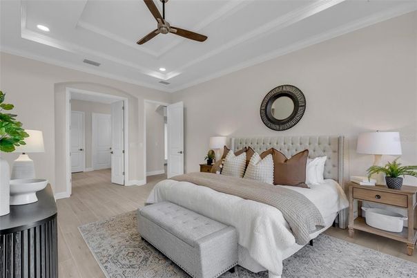 Bedroom, Interior, Recessed Lighting, Wood Texture Flooring