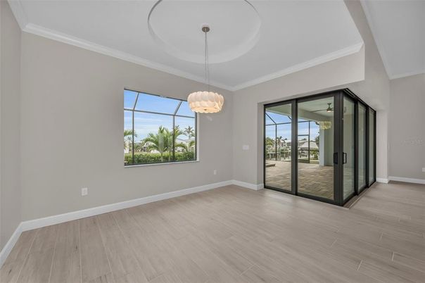 Empty room, Interior, Pendant Lights, Wood Texture Flooring