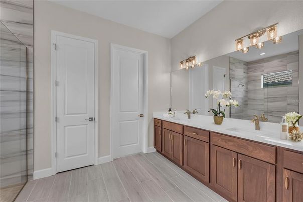 Bathroom, Dual Sink Vanities, Glass Shower, Interior, Wood Texture Flooring
