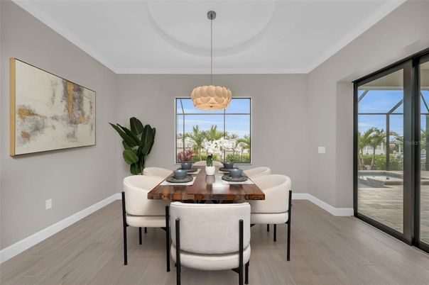 Dining room, Interior, Pendant Lights, Wood Texture Flooring