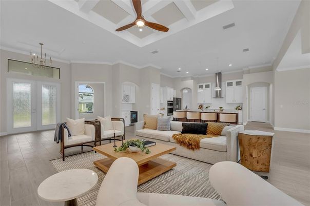 Fireplace, Interior, Kitchen, Living room, Pendant Lights, Recessed Lighting, Wood Texture Flooring