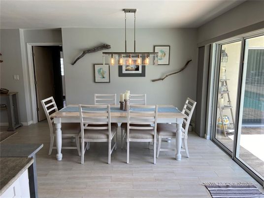 Dining room, Interior, Pendant Lights, Wood Texture Flooring
