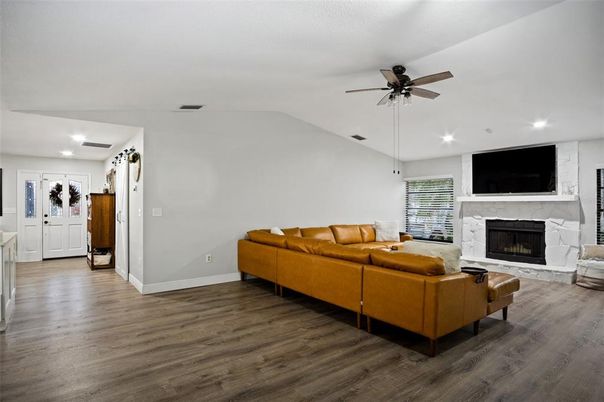 Fireplace, Interior, Living room, Recessed Lighting, Wood Texture Flooring