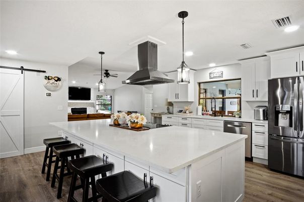 Interior, Kitchen, Pendant Lights, Recessed Lighting, Stainless Steel Appliances, Wood Texture Flooring