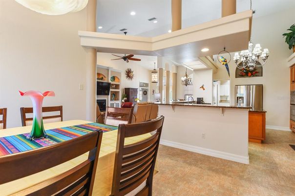 Chandelier, Dining room, Interior, Kitchen, Pendant Lights, Recessed Lighting, Stainless Steel Appliances