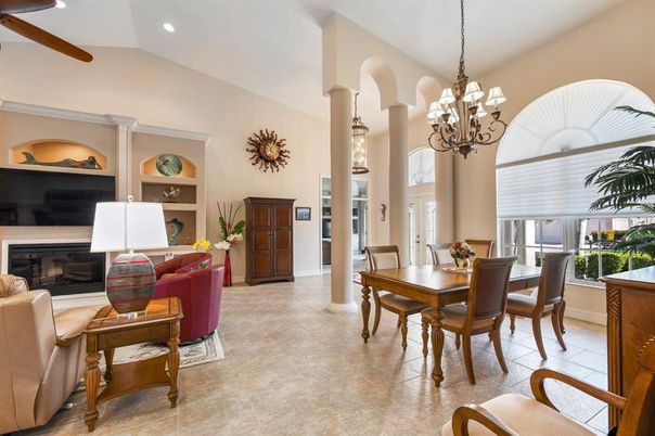Chandelier, Dining room, Fireplace, Interior, Living room, Recessed Lighting