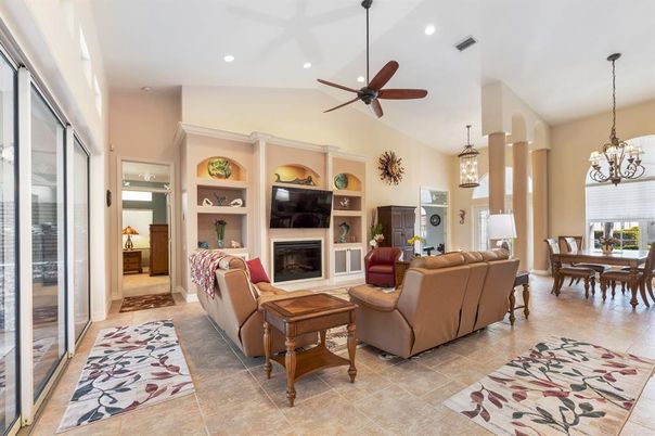 Chandelier, Dining room, Fireplace, Interior, Living room, Pendant Lights, Recessed Lighting
