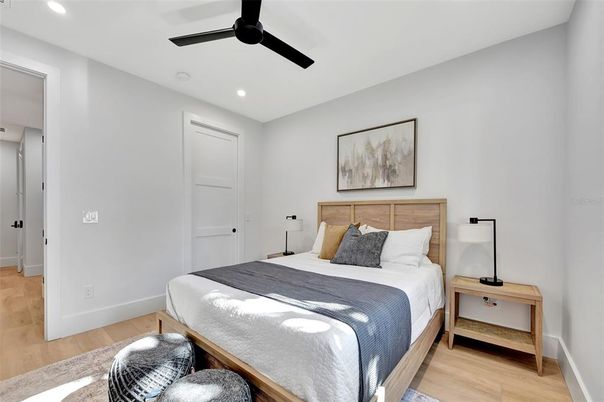 Bedroom, Interior, Recessed Lighting, Wood Texture Flooring