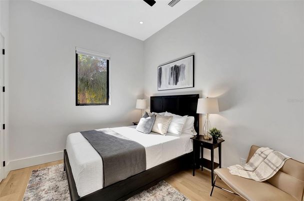 Bedroom, Interior, Recessed Lighting, Wood Texture Flooring