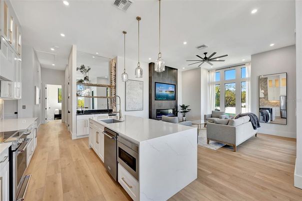 Fireplace, Interior, Kitchen, Living room, Pendant Lights, Recessed Lighting, Wood Texture Flooring