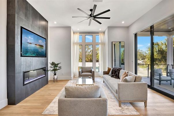 Fireplace, Interior, Living room, Recessed Lighting, Wood Texture Flooring