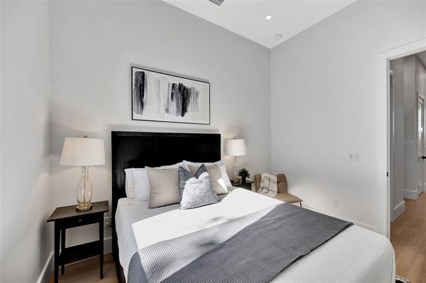 Bedroom, Interior, Recessed Lighting, Wood Texture Flooring