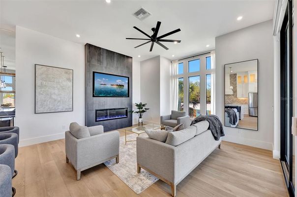 Fireplace, Interior, Living room, Pendant Lights, Recessed Lighting, Wood Texture Flooring