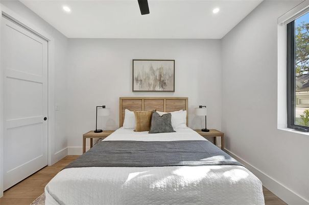 Bedroom, Interior, Recessed Lighting, Wood Texture Flooring
