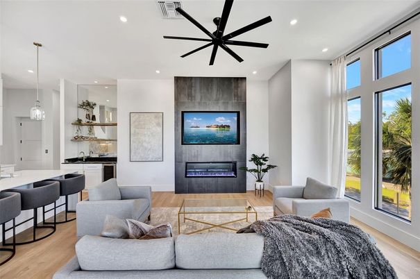 Fireplace, Interior, Living room, Pendant Lights, Recessed Lighting, Wood Texture Flooring