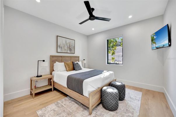 Bedroom, Interior, Recessed Lighting, Wood Texture Flooring