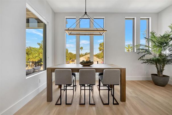 Dining room, Interior, Pendant Lights, Wood Texture Flooring