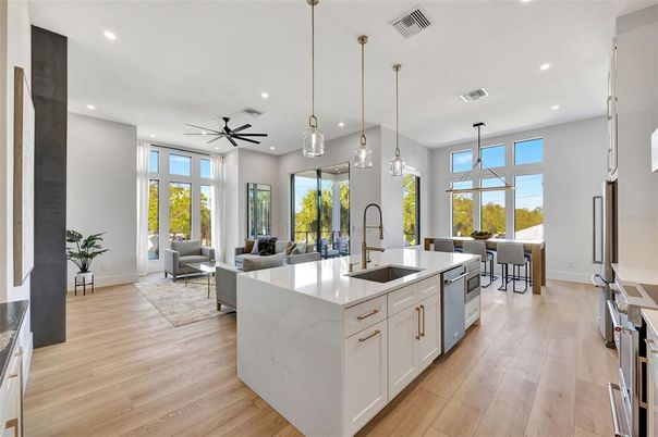 Dining room, Interior, Kitchen, Living room, Pendant Lights, Recessed Lighting, Wood Texture Flooring