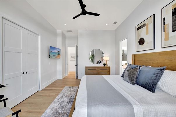 Bedroom, Interior, Recessed Lighting, Wood Texture Flooring
