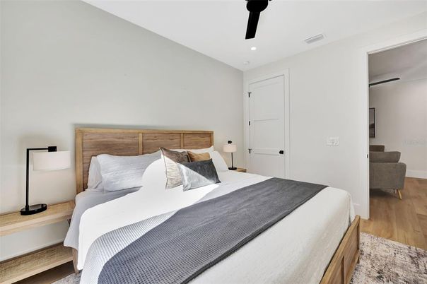 Bedroom, Interior, Recessed Lighting, Wood Texture Flooring