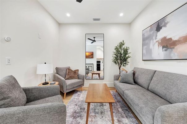 Fireplace, Interior, Living room, Recessed Lighting, Wood Texture Flooring