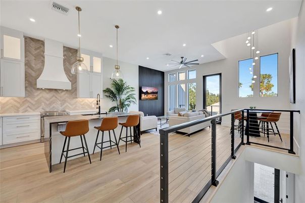Interior, Kitchen, Living room, Pendant Lights, Recessed Lighting, Wood Texture Flooring
