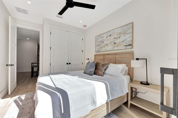 Bedroom, Interior, Recessed Lighting, Wood Texture Flooring