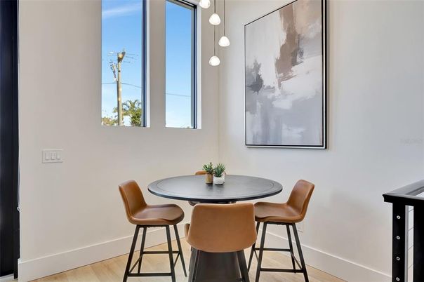 Dining room, Interior, Pendant Lights, Wood Texture Flooring